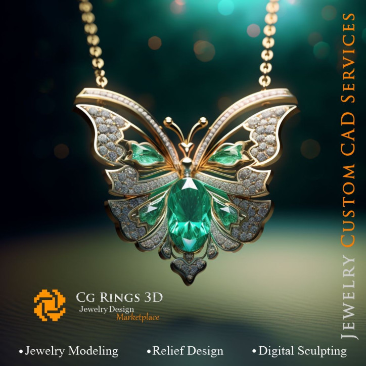 Butterfly Pendant with Emerald and Diamonds - Jewelry 3D CAD