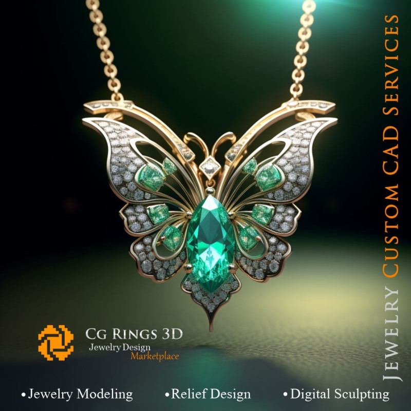 Butterfly Pendant with Emerald and Diamonds - Jewelry 3D CAD Home, AI - Jewelry 3D CAD , AI - Pendants 3D CAD 