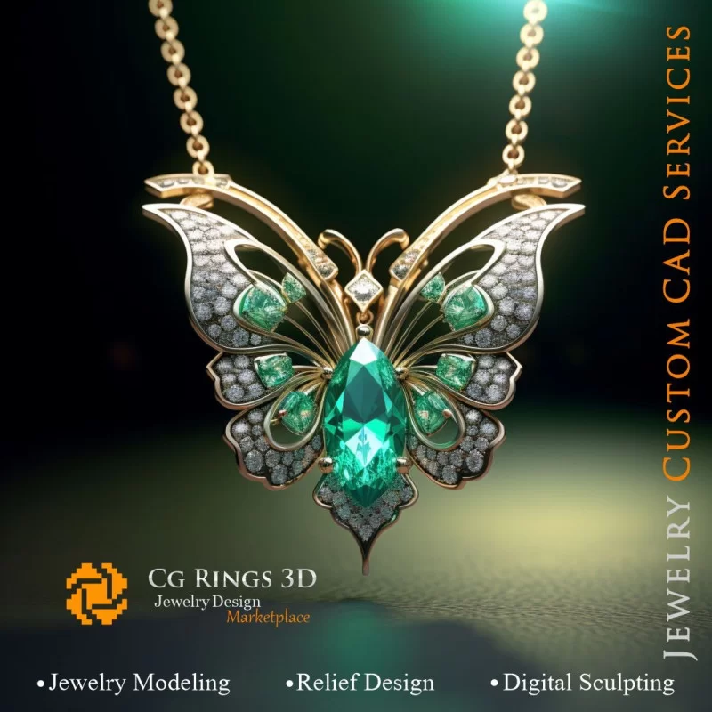 Colgante de mariposa con esmeralda y diamantes - CAD 3D de joyería
