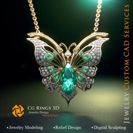 Butterfly Pendant with Emerald and Diamonds - Jewelry 3D CAD Home, AI - Jewelry 3D CAD , AI - Pendants 3D CAD 