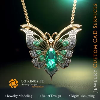 Colgante de mariposa con esmeralda y diamantes - CAD 3D de joyería para el hogar, IA - CAD 3D de joyería, IA - Colgantes CAD 3D