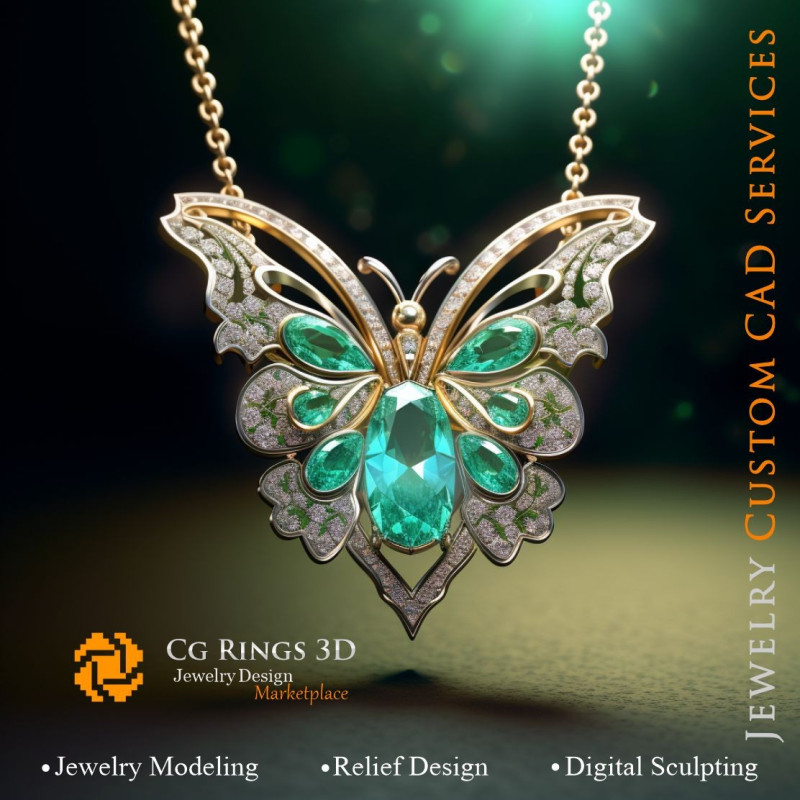 Butterfly Pendant with Emerald and Diamonds - Jewelry 3D CAD Home, AI - Jewelry 3D CAD , AI - Pendants 3D CAD 