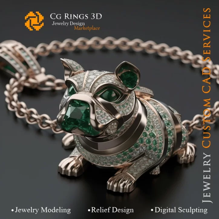 Pendentif Chien avec Émeraudes et Diamants - Bijoux 3D CAD