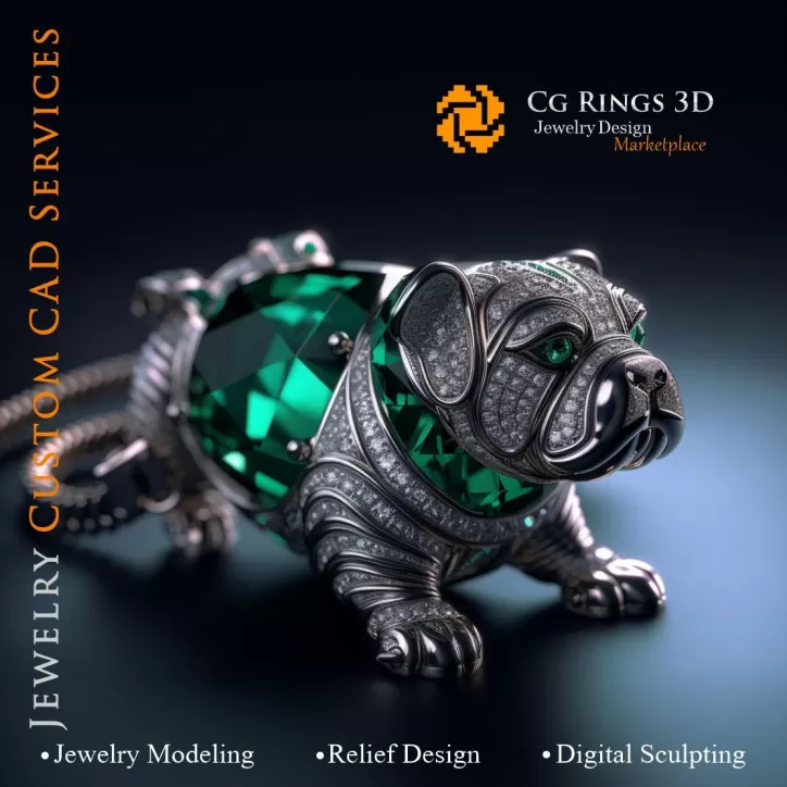 Ciondolo a forma di cane con smeraldi e diamanti - Gioielleria 3D CAD