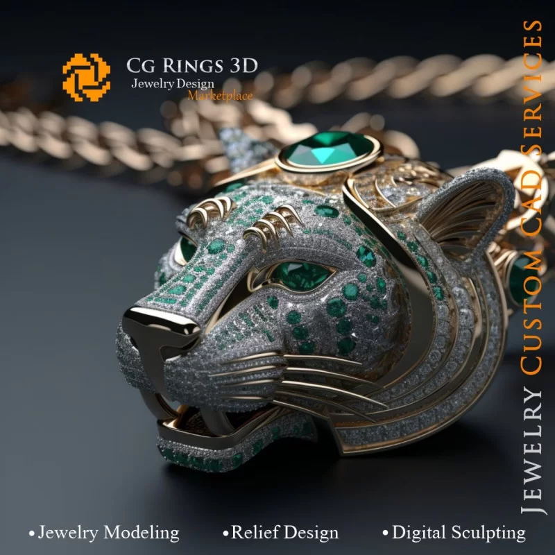 Puma Pendant with Emeralds and Diamonds - 3D CAD Jewelry Home, AI - Jewelry 3D CAD , AI - Pendants 3D CAD 