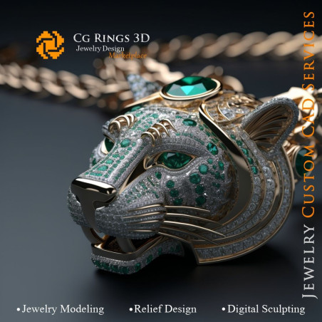 Pendentif Puma avec Émeraudes et Diamants - Bijoux 3D CAO Home, AI - Bijoux 3D CAO, AI - Pendentifs 3D CAO