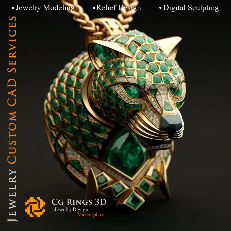 Puma Pendant with Emeralds and Diamonds - 3D CAD Jewelry Home, AI - Jewelry 3D CAD , AI - Pendants 3D CAD 