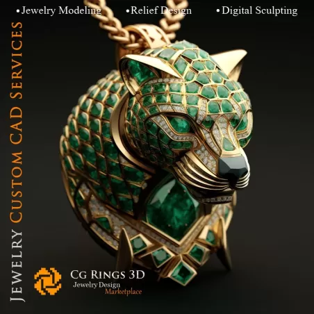 Colgante Puma con Esmeraldas y Diamantes - CAD 3D de Joyería, IA - CAD 3D de Collares