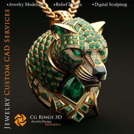 Puma Pendant with Emeralds and Diamonds - 3D CAD Jewelry