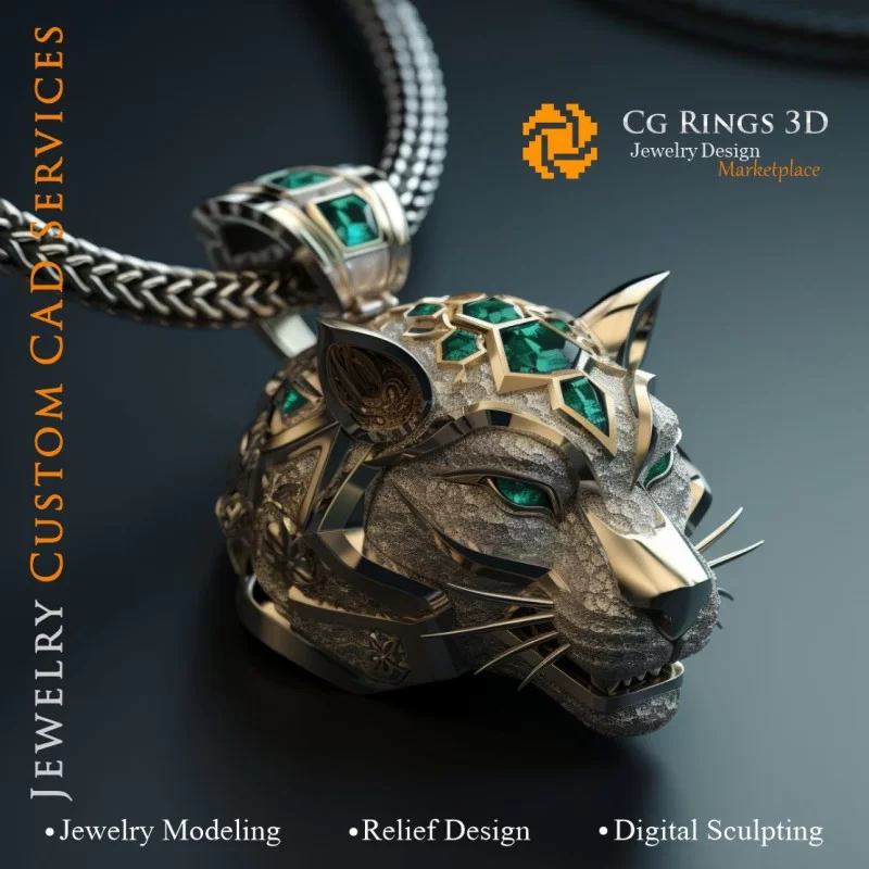 Pendentif Puma avec Émeraudes- Bijoux 3D CAO Home, AI - Bijoux 3D CAO, AI - Pendentifs 3D CAO