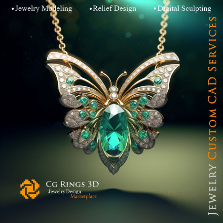 Butterfly Pendant with Emerald and Diamonds - Jewelry 3D CAD Home, AI - Jewelry 3D CAD , AI - Pendants 3D CAD 