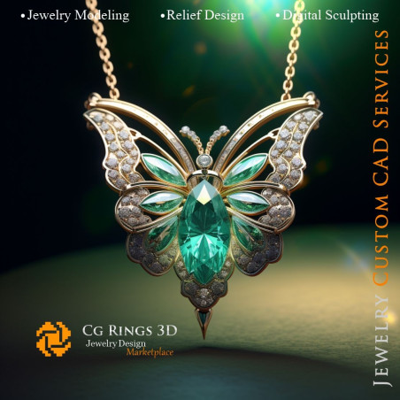 Butterfly Pendant with Emerald and Diamonds - Jewelry 3D CAD Home, AI - Jewelry 3D CAD , AI - Pendants 3D CAD 