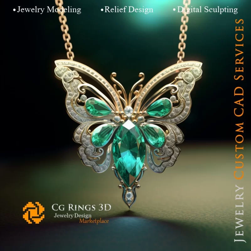 Butterfly Pendant with Emerald and Diamonds - Jewelry 3D CAD Home, AI - Jewelry 3D CAD , AI - Pendants 3D CAD 