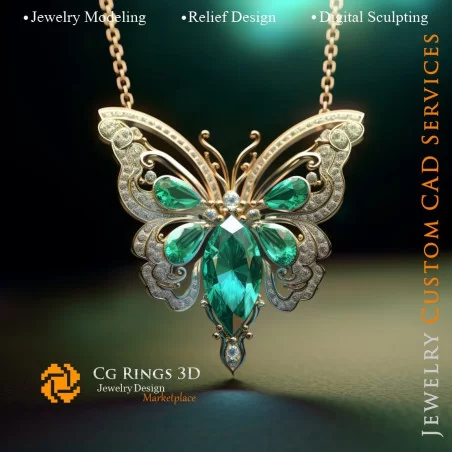 Colgante de mariposa con esmeralda y diamantes - CAD 3D de joyería Hogar, IA - CAD 3D de joyería, IA - Colgantes CAD 3D