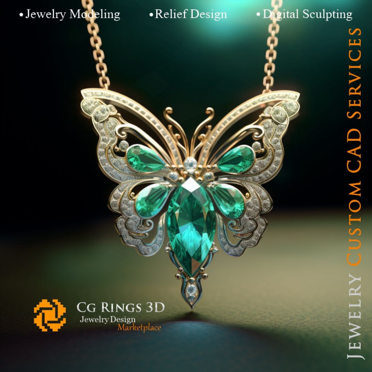 Butterfly Pendant with Emerald and Diamonds - Jewelry 3D CAD