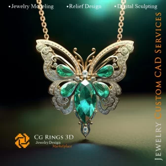 Butterfly Pendant with Emerald and Diamonds - Jewelry 3D CAD Home, AI - Jewelry 3D CAD , AI - Pendants 3D CAD 