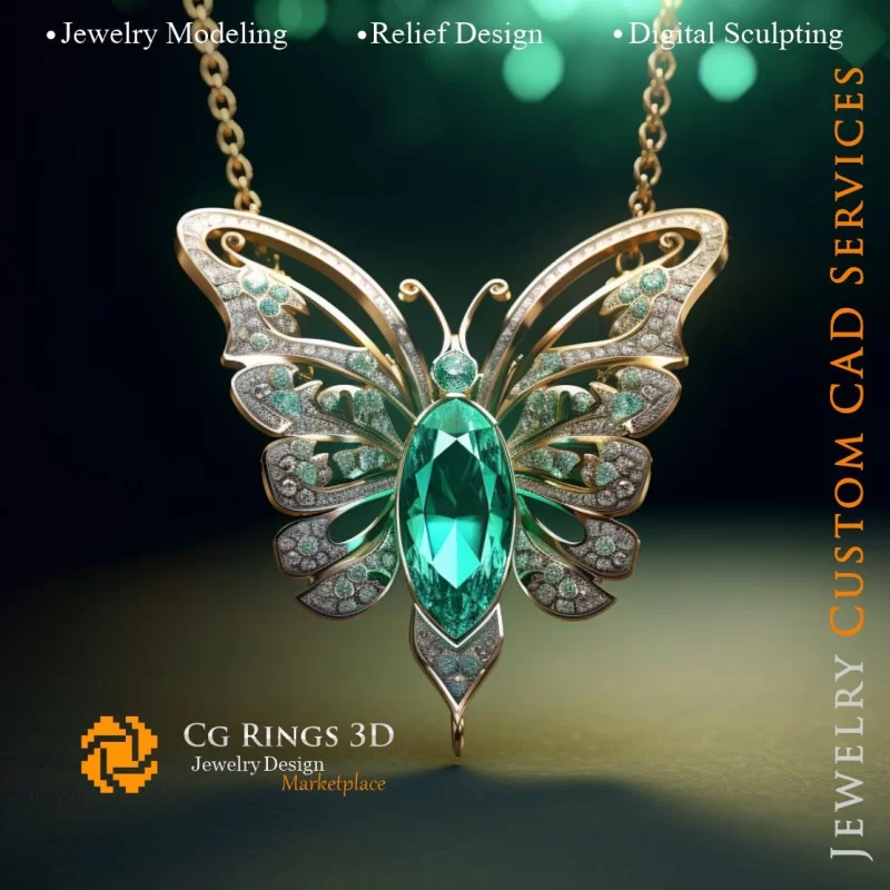 Butterfly Pendant with Emerald and Diamonds - Jewelry 3D CAD Home, AI - Jewelry 3D CAD , AI - Pendants 3D CAD 