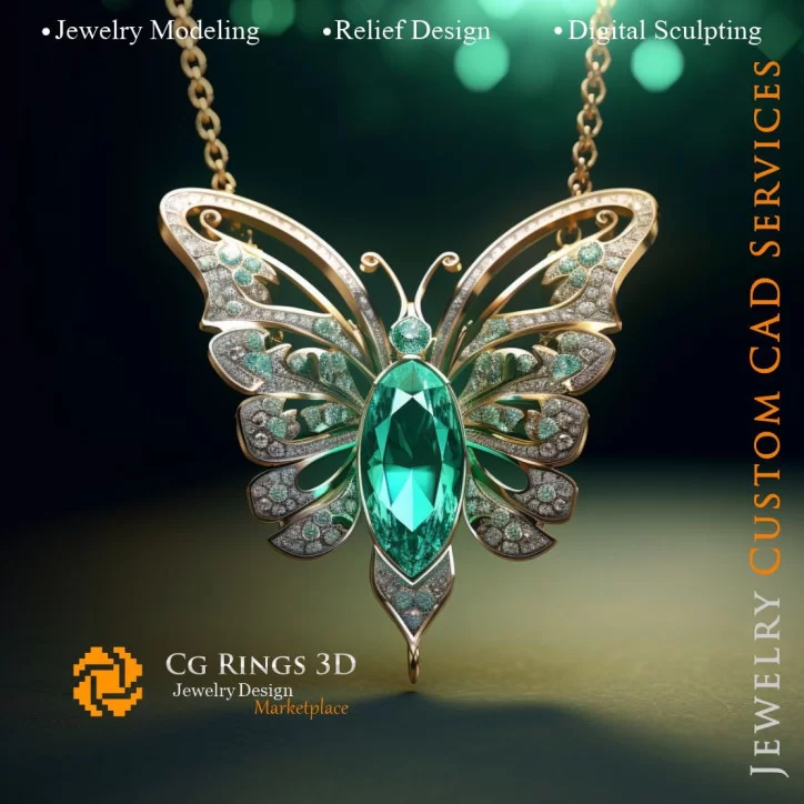 Butterfly Pendant with Emerald and Diamonds - Jewelry 3D CAD