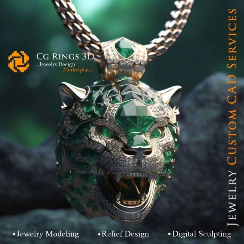 Pendentif Puma avec Émeraudes et Diamants - Bijoux 3D CAO Home, AI - Bijoux 3D CAO, AI - Pendentifs 3D CAO