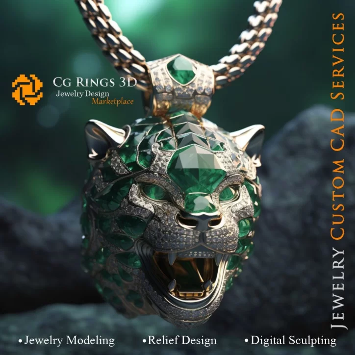 Puma Pendant with Emeralds and Diamonds - 3D CAD Jewelry