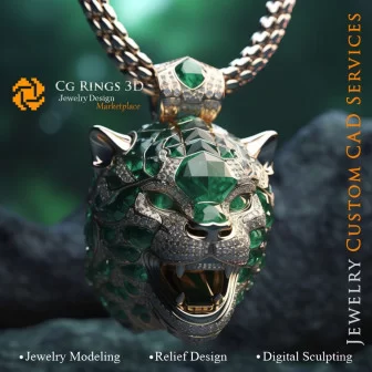 Puma Pendant with Emeralds and Diamonds - 3D CAD Jewelry Home, AI - Jewelry 3D CAD , AI - Pendants 3D CAD 