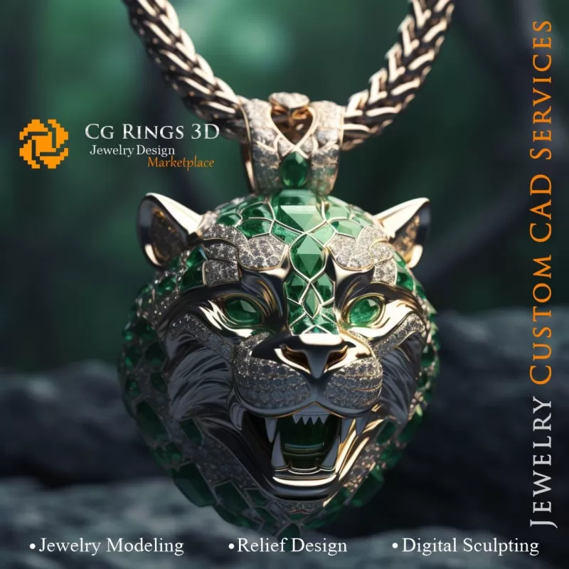 Colgante Puma con Esmeraldas y Diamantes - CAD 3D Joyería