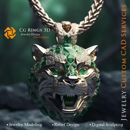 Colgante Puma con Esmeraldas y Diamantes - CAD 3D de Joyería, IA - Joyería CAD 3D, IA - Colgantes CAD 3D
