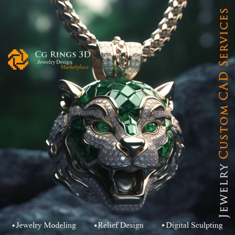 Pendentif Puma avec Émeraudes et Diamants - Bijoux 3D CAO Home, AI - Bijoux 3D CAO, AI - Pendentifs 3D CAO