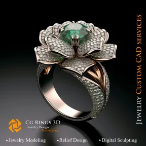 Anillo Flor con Esmeralda y Diamantes - CAD 3D Joyería Casa, IA - CAD 3D Joyería, IA - Anillos CAD 3D