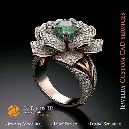 Flower Ring with Emerald and Diamonds - 3D CAD Jewelry Home, AI - Jewelry 3D CAD , AI - Rings 3D CAD 