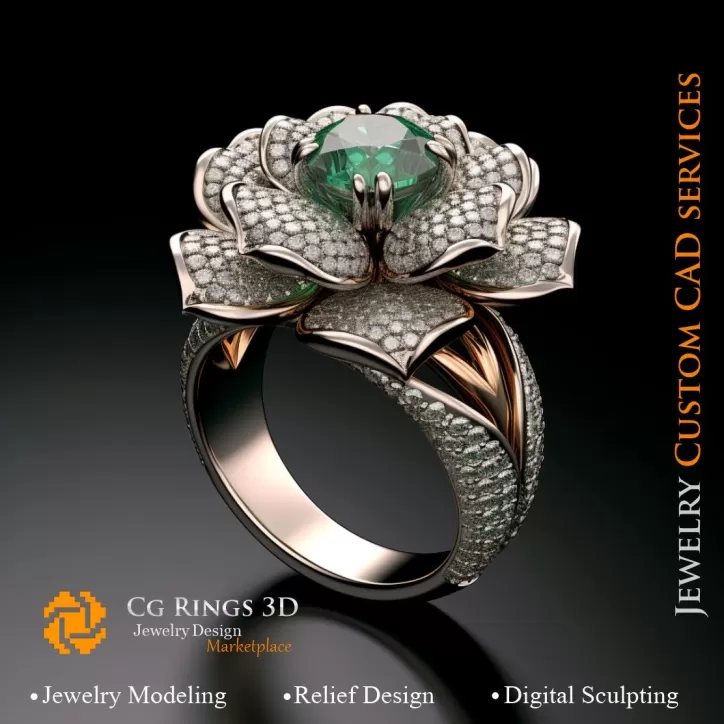 绿宝石钻石花朵戒指 - 3D CAD 珠宝 绿宝石钻石花朵戒指 - 3D CAD 珠宝