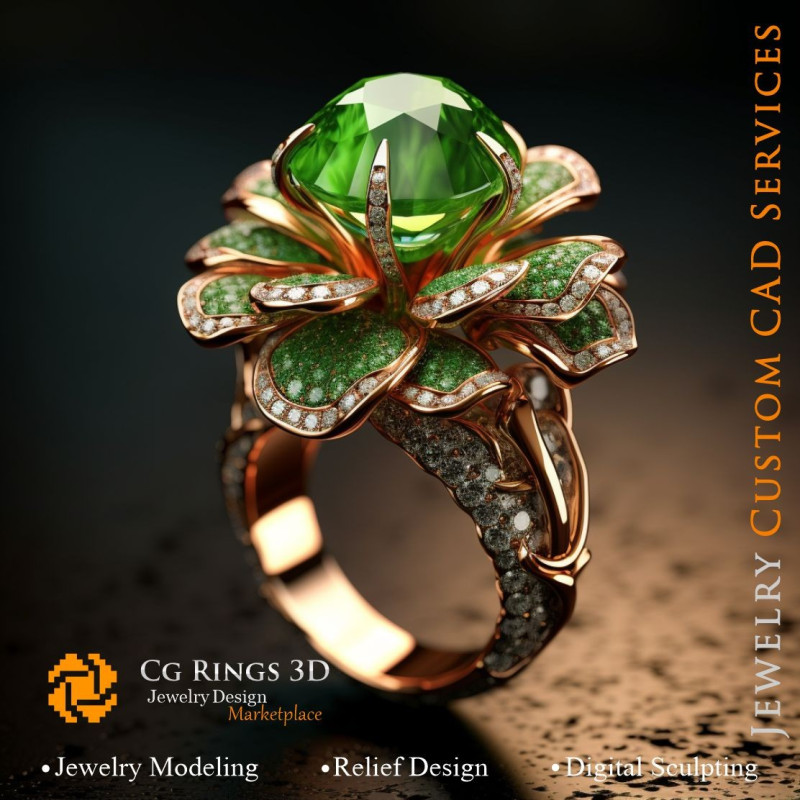 Flower Ring with Emeralds and Diamonds - 3D CAD Jewelry Home, AI - Jewelry 3D CAD , AI - Rings 3D CAD 