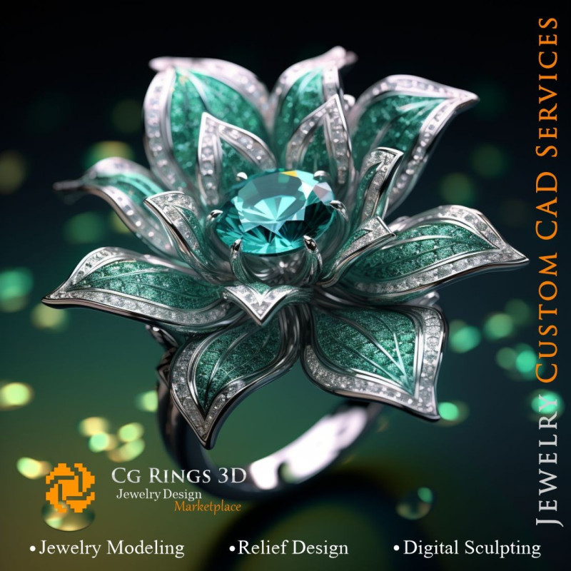 Flower Ring with Emerald and Diamonds - 3D CAD Jewelry Home, AI - Jewelry 3D CAD , AI - Rings 3D CAD 