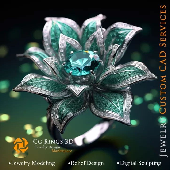 Blumenring mit Smaragd und Diamanten - 3D-CAD-Schmuck