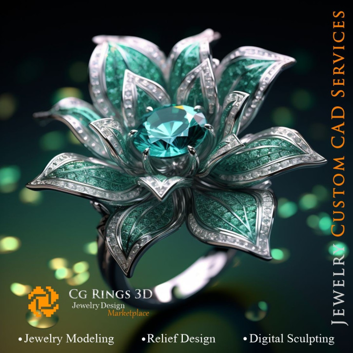 Flower Ring with Emerald and Diamonds - 3D CAD Jewelry