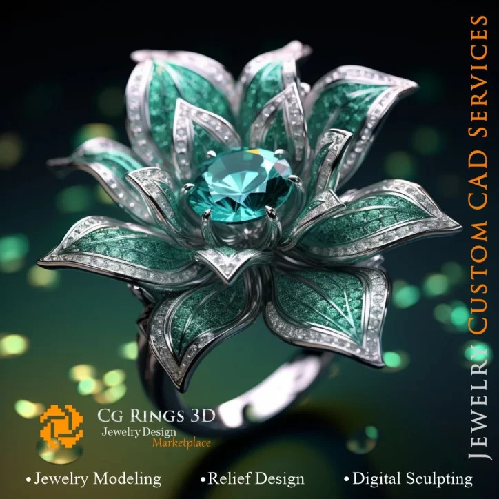 Flower Ring with Emerald and Diamonds - 3D CAD Jewelry