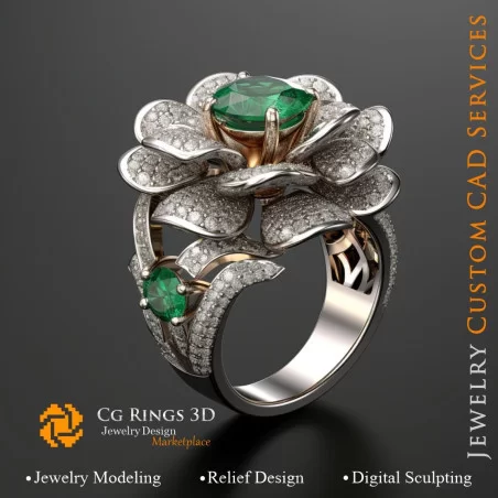 Flower Ring with Emeralds and Diamonds - 3D CAD Jewelry Home, AI - Jewelry 3D CAD , AI - Rings 3D CAD 