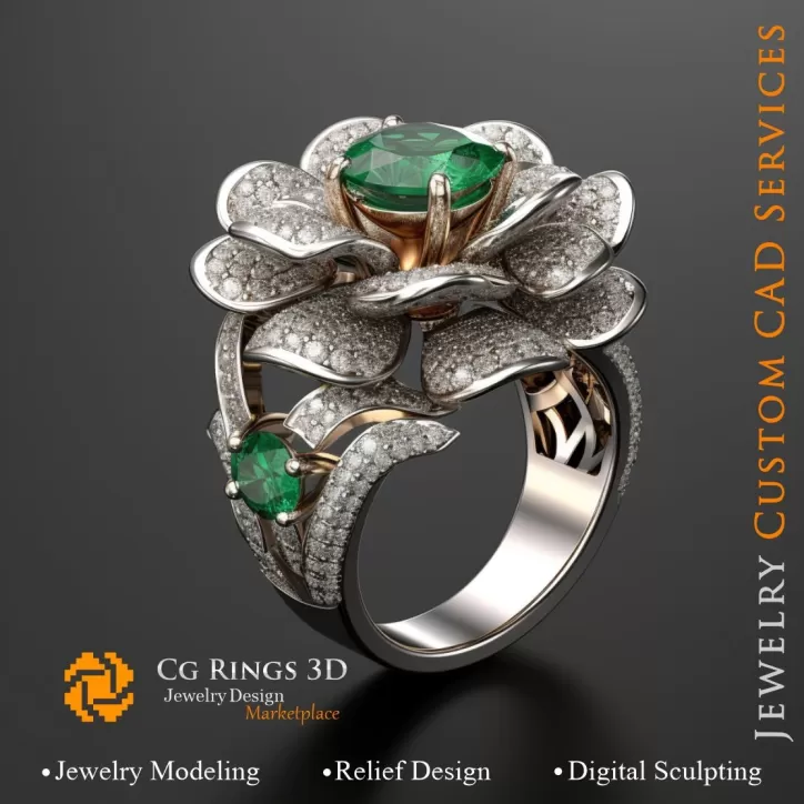 Blumenring mit Smaragden und Diamanten - 3D CAD Schmuck