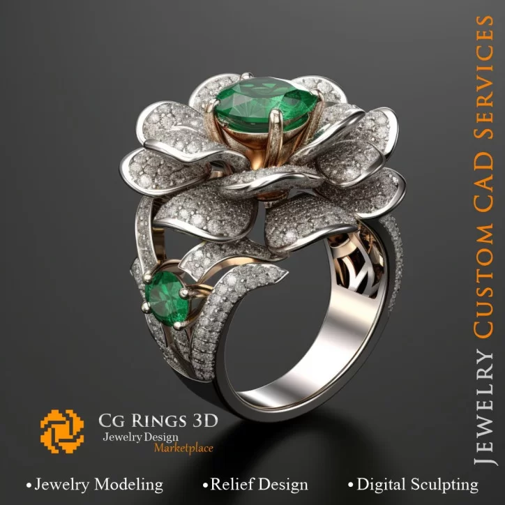 Flower Ring with Emeralds and Diamonds - 3D CAD Jewelry