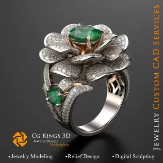 Blumenring mit Smaragden und Diamanten - 3D-CAD-Schmuck Zuhause, KI - Schmuck 3D-CAD, KI - Ringe 3D-CAD