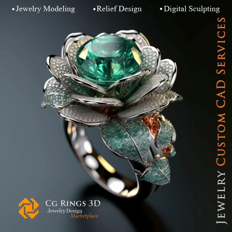 Flower Ring with Emeralds and Diamonds - 3D CAD Jewelry Home, AI - Jewelry 3D CAD , AI - Rings 3D CAD 