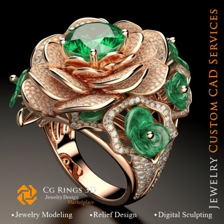 Flower Ring with Emeralds and Diamonds - 3D CAD Jewelry