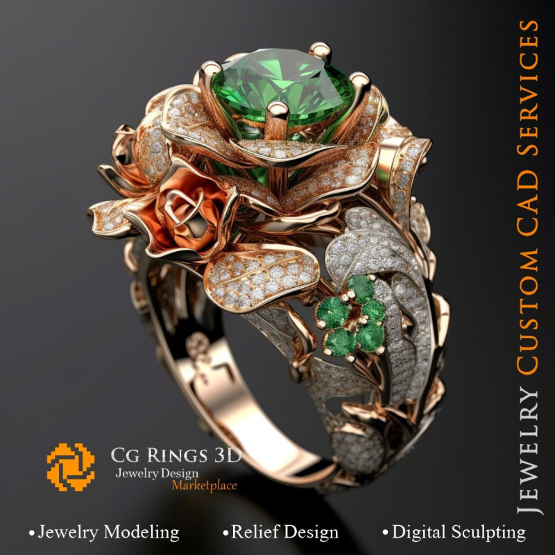 Flower Ring with Emeralds and Diamonds - 3D CAD Jewelry Home, AI - Jewelry 3D CAD , AI - Rings 3D CAD 