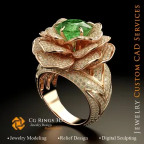 Flower Ring with Emerald and Diamonds - 3D CAD Jewelry Home, AI - Jewelry 3D CAD , AI - Rings 3D CAD 