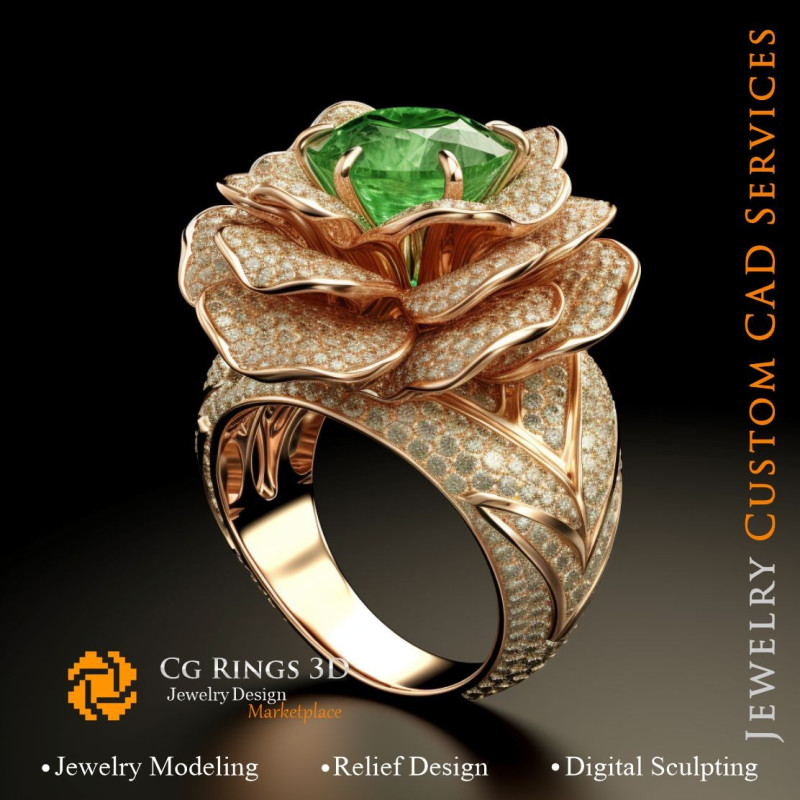 Flower Ring with Emerald and Diamonds - 3D CAD Jewelry Home, AI - Jewelry 3D CAD , AI - Rings 3D CAD 