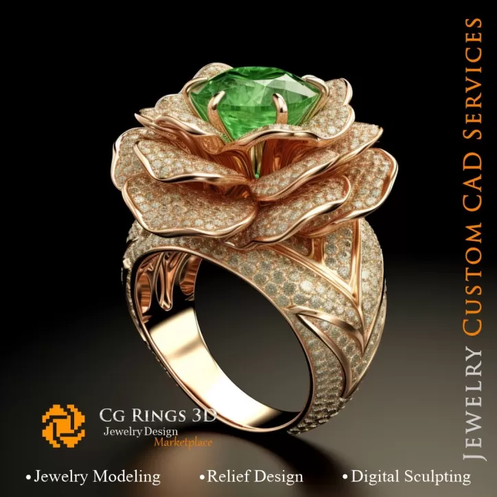 Bague Fleur avec Émeraude et Diamants - 3D CAO Bijoux Bague Fleur avec Émeraude et Diamants - 3D CAO Bijoux