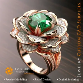 Anillo Flor con Esmeralda y Diamantes - CAD 3D de Joyería para el Hogar, IA - CAD 3D de Joyería, IA - Anillos CAD 3D