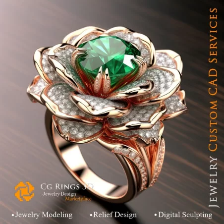 Anillo Flor con Esmeralda y Diamantes - CAD 3D de Joyería para el Hogar, IA - CAD 3D de Joyería, IA - Anillos CAD 3D