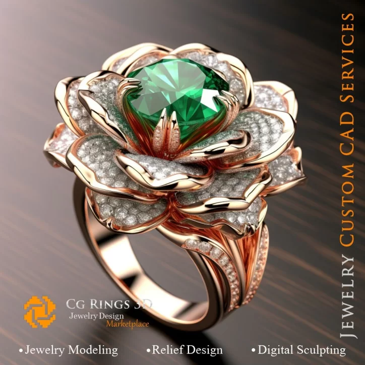 Flower Ring with Emerald and Diamonds - 3D CAD Jewelry