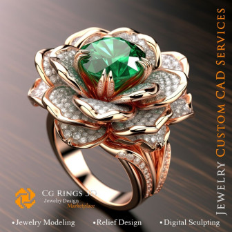 Flower Ring with Emerald and Diamonds - 3D CAD Jewelry Home, AI - Jewelry 3D CAD , AI - Rings 3D CAD 